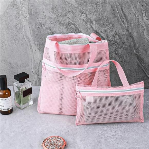 Pink mesh shower caddy bag set of 2 toiletry organizer quick dry for dorm gym ca - Picture 2 of 8